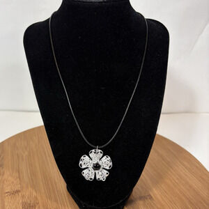 Silver Tone Flower Pendant Necklace Black Center 3D 17" Retro Statement